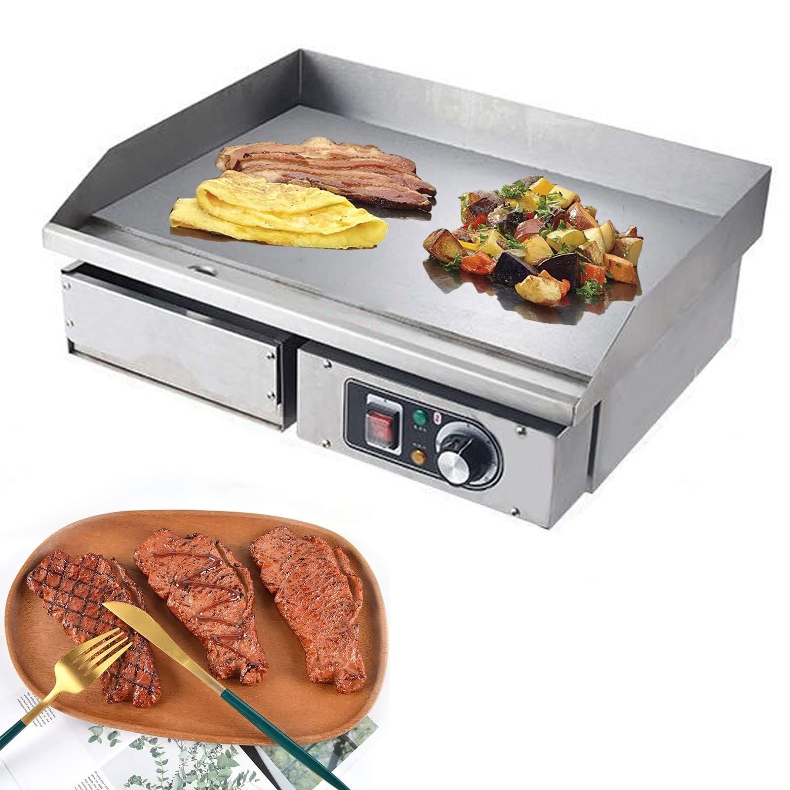 Electric Griddle Commercial, Stainless Steel Countertop BBQ Hot Plate, Large Flat Hotplate for Cooking, Adjustable Thermostat, Removable Oil Drawer, Burger, Bacon, and Egg Fryer