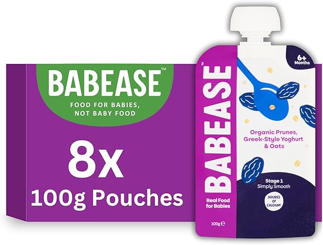 Babease Premium Organic Stage 1 Greek-Style Yoghurt with Prunes & Oats, Weaning 6 Months+ Natural Baby Food Pouches, Pack of 8 x 100g