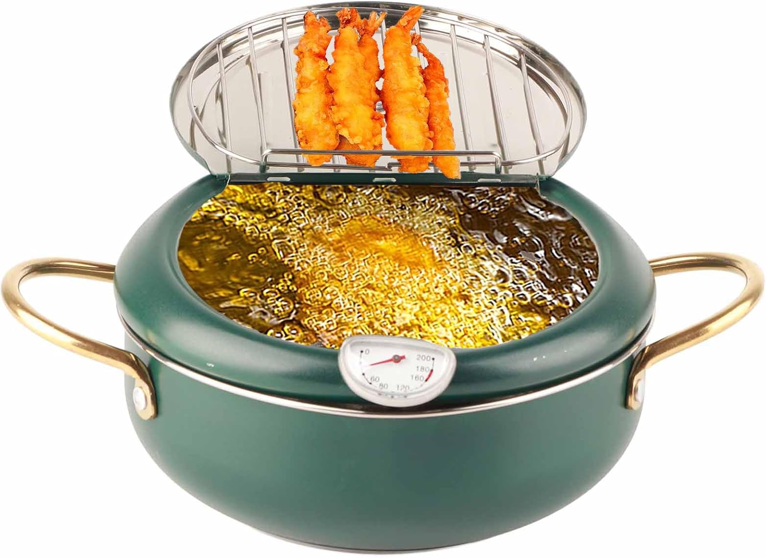 Alvinlite Deep Fryer Pot, Small Tempura Deep Fryer, Stainless Steel Japanese Frying Pot with Thermometer, Green Deep Fat Fryers for French Fries Shrimp 2.2 Liter Oil Capacity(S)