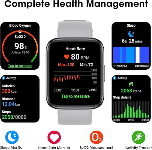 Miniatura 6 de Reloj inteligente, rastreador de actividad física con monitor de frecuencia cardíaca, oxígeno en sangre, seguimiento del sueño, reloj inteligente de