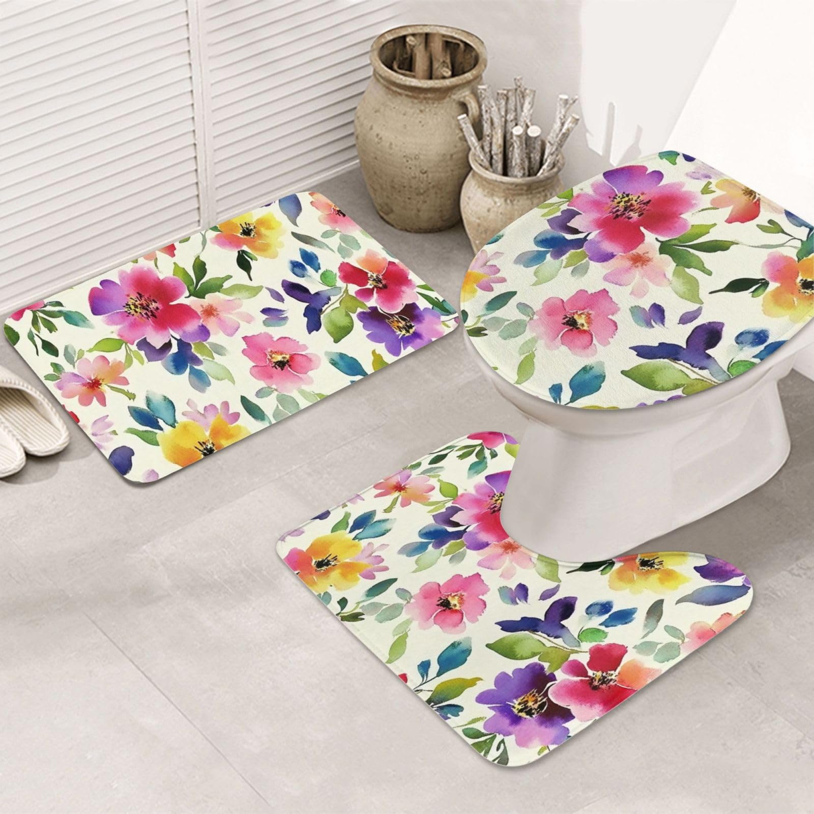 Lot de 3 petits tapis de salle de bain à motif floral, doux et absorbants, en mousse à mémoire de forme, tapis de toilette en forme de U, décoration d'intérieur, séchage rapide