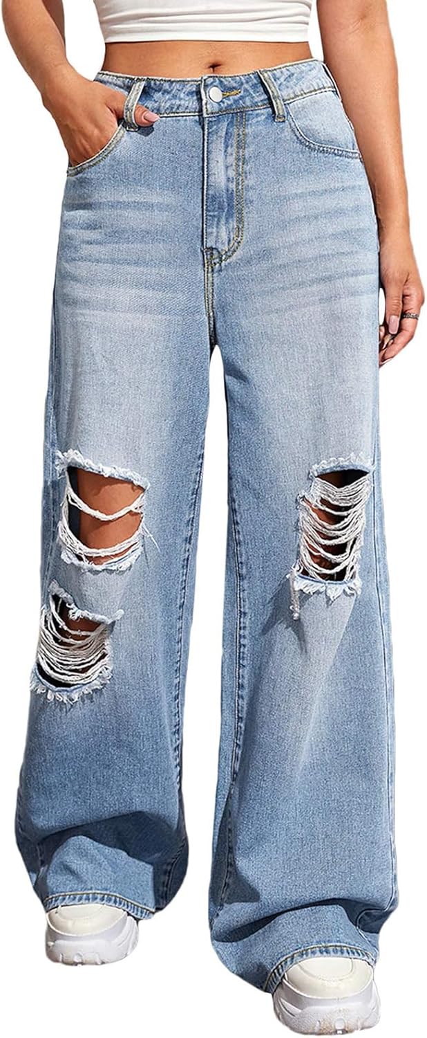 BestGirl Women’s Baggy Jeans Pull On Stretchy Loose High Waisted Wide Leg Denim Pants Y2K 90s