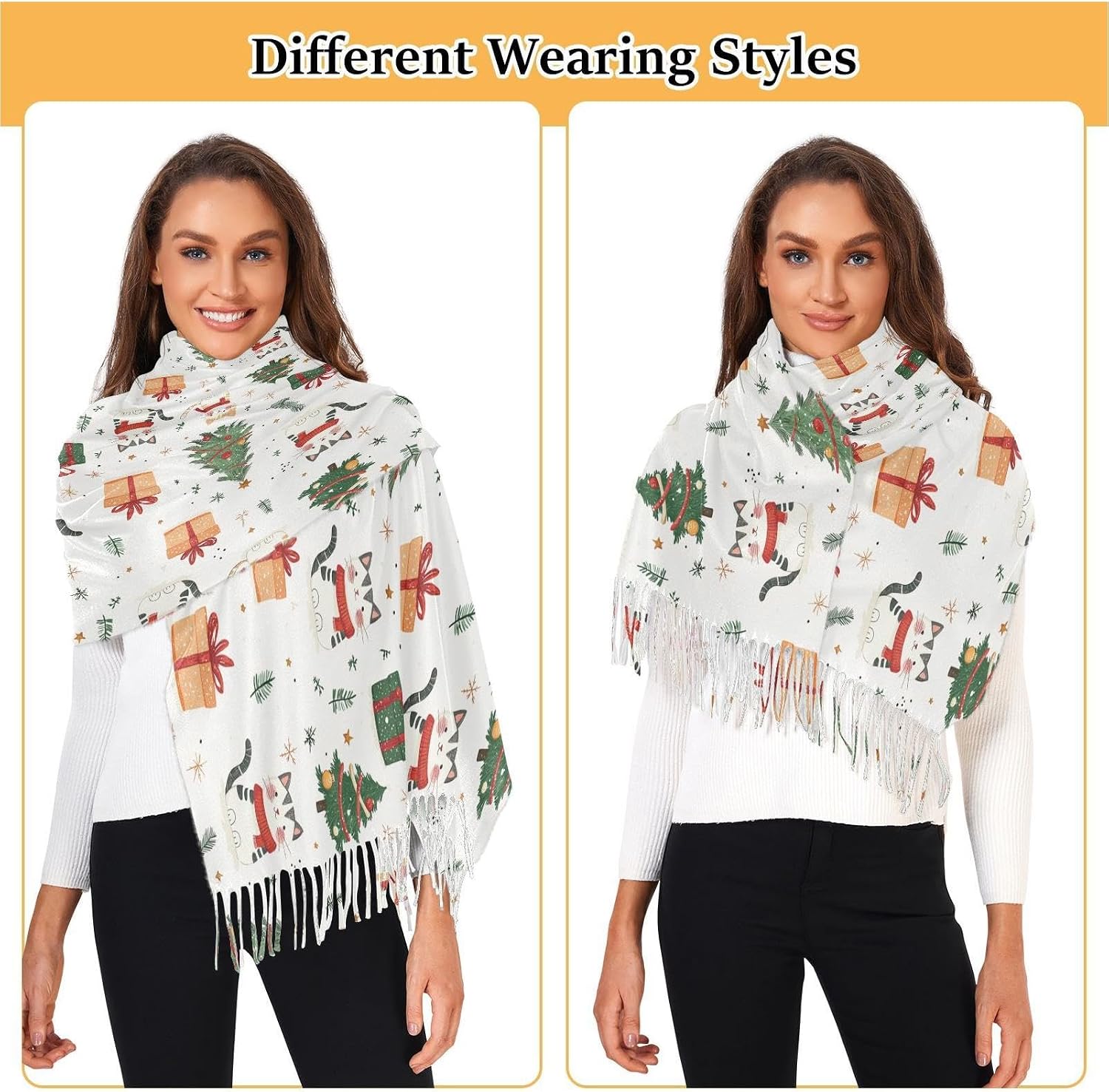 Winter Scarf for Women Christmas Tree Gift Cat Fashion Tassel Shawl Wraps for Women, Cold Weather Warm Womens Scarves Soft Long Scarf Gifts