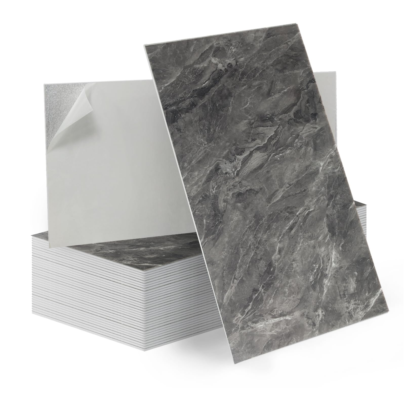 Tarwanear 50Pcs Marble Tile Stickers,Self Adhesive Wall Tiles Waterproof 60 x 30cm, Peel and Stick on Wall Vinyl Tiles for Living Room Bedroom Bathroom Kitchen Backsplash,Marble Black Grey