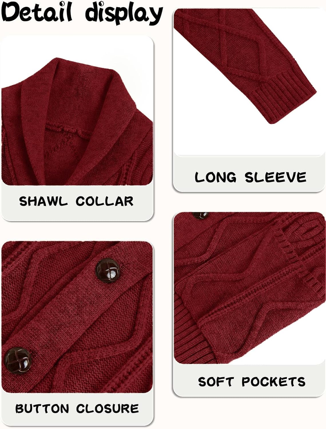 Boy's Sweater Cardigan Button Down Shawl Collar Cable Knitted Outwear Long Sleeve Sweater Coats with Pockets - Image 6
