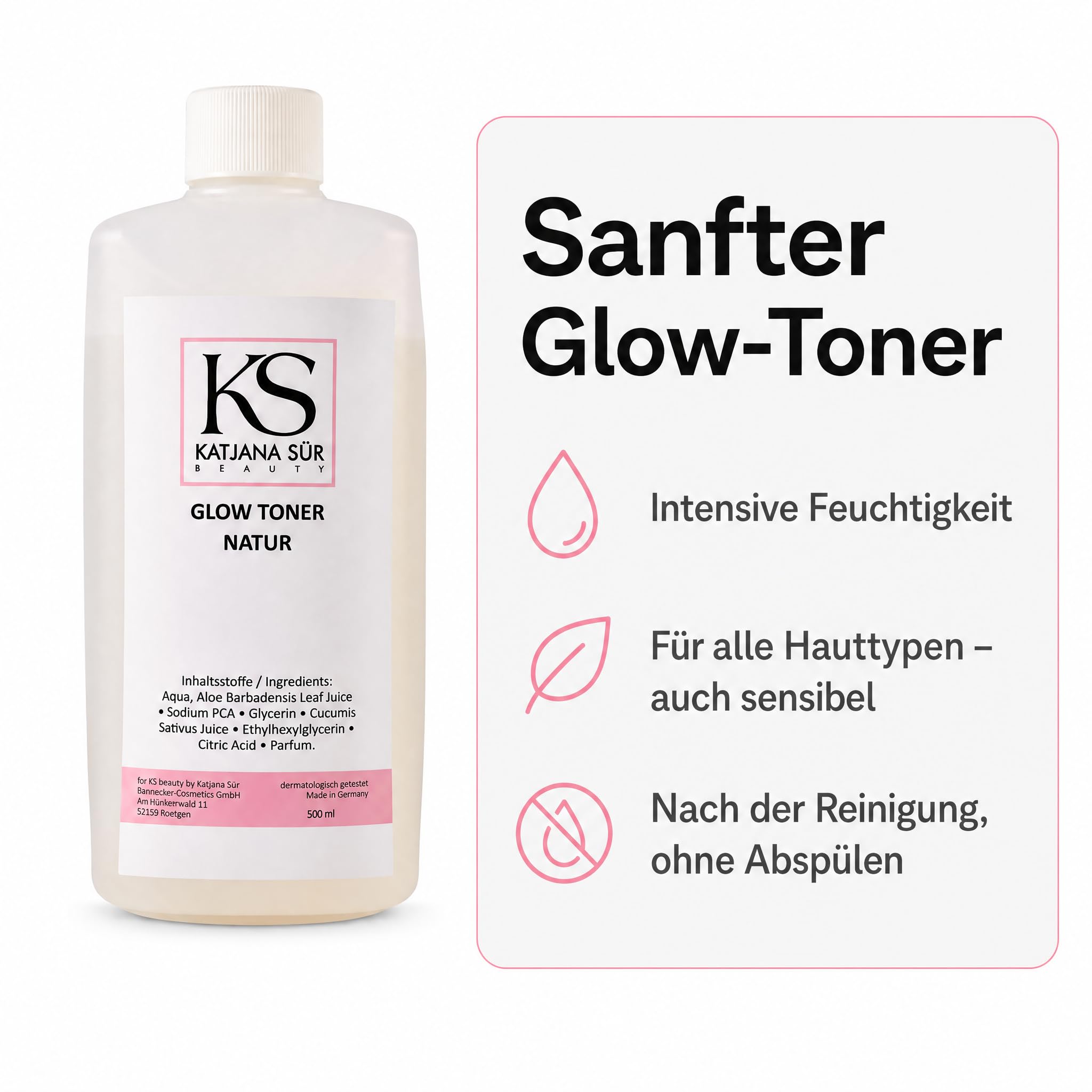KS Beauty Glow Toner Gesichtswasser mit Pumpspender, 500 ml | Feuchtigkeitsspendender Gesichtstoner für trockene & sensible Haut – dermatologisch getestet, Made in Germany