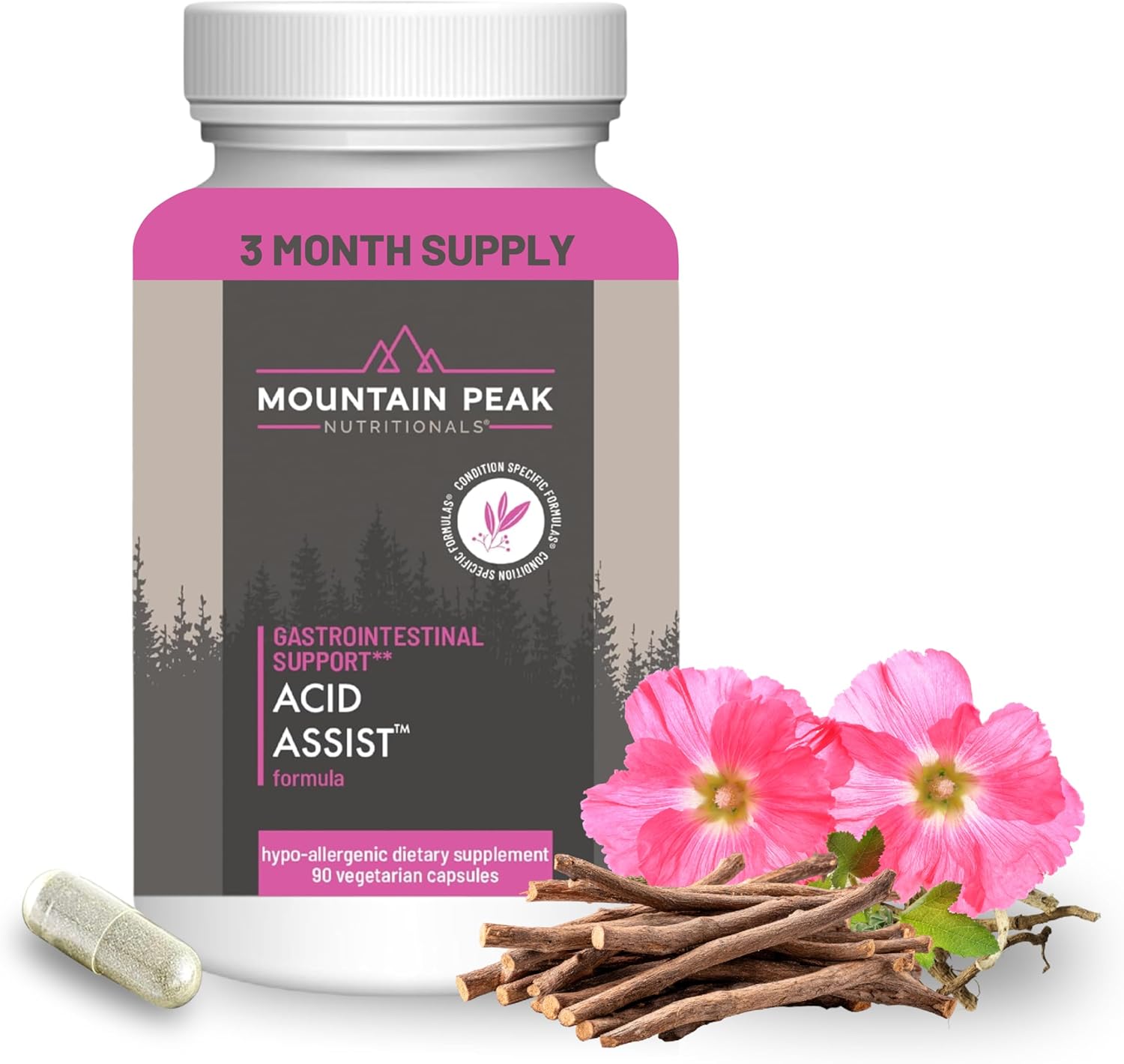 Mountain Peak Nutritionals Acid Assist Formula - Gastrointestinal Support Supplement - Helps with Symptoms of Occasional Heartburn & Stomach Acid - Hypoallergenic Dietary Supplement (90 Capsules)