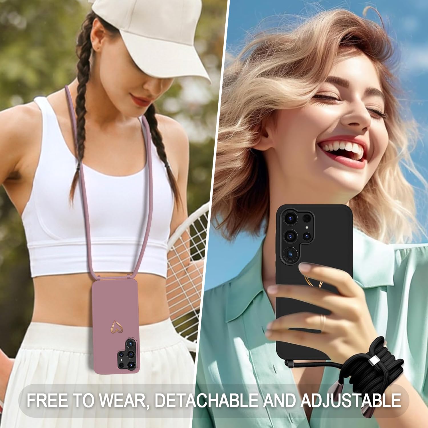 Pasek na telefon komórkowy Samsung Galaxy S24 Ultra, etui z paskiem, złote serce, cienkie, odporne na uderzenia etui ochronne, ze zdejmowanym sznurkiem do zawieszenia, płynne etui na telefon