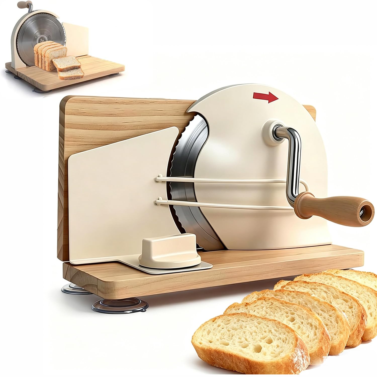 Quintin Upgraded Manual Bread Slicer Adjustable Thickness | Slicer Making Tools for Homemade Sourdough Bread, Hand Crank Bread Cutter with Metal Guide & Suction Cup Base, Sharp Blade - New Beige