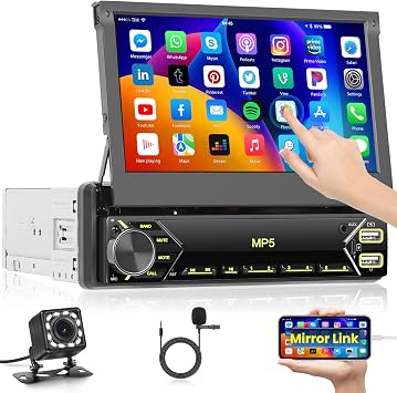Inefala Single Din Touchscreen Radio 7 Flip Out Screen Car Stereo with Bluetooth USB Type C Fast Charge Car Audio Receiver Backup Camera SWC FM MIC TF AUX in EQ