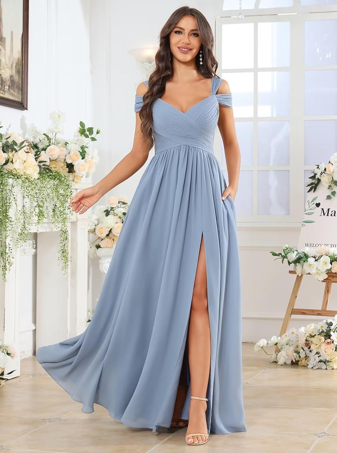 Off The Shoulder Pleated Bridesmaid Dresses Long with Slit Chiffon Formal Evening Dress for Women - Image 3