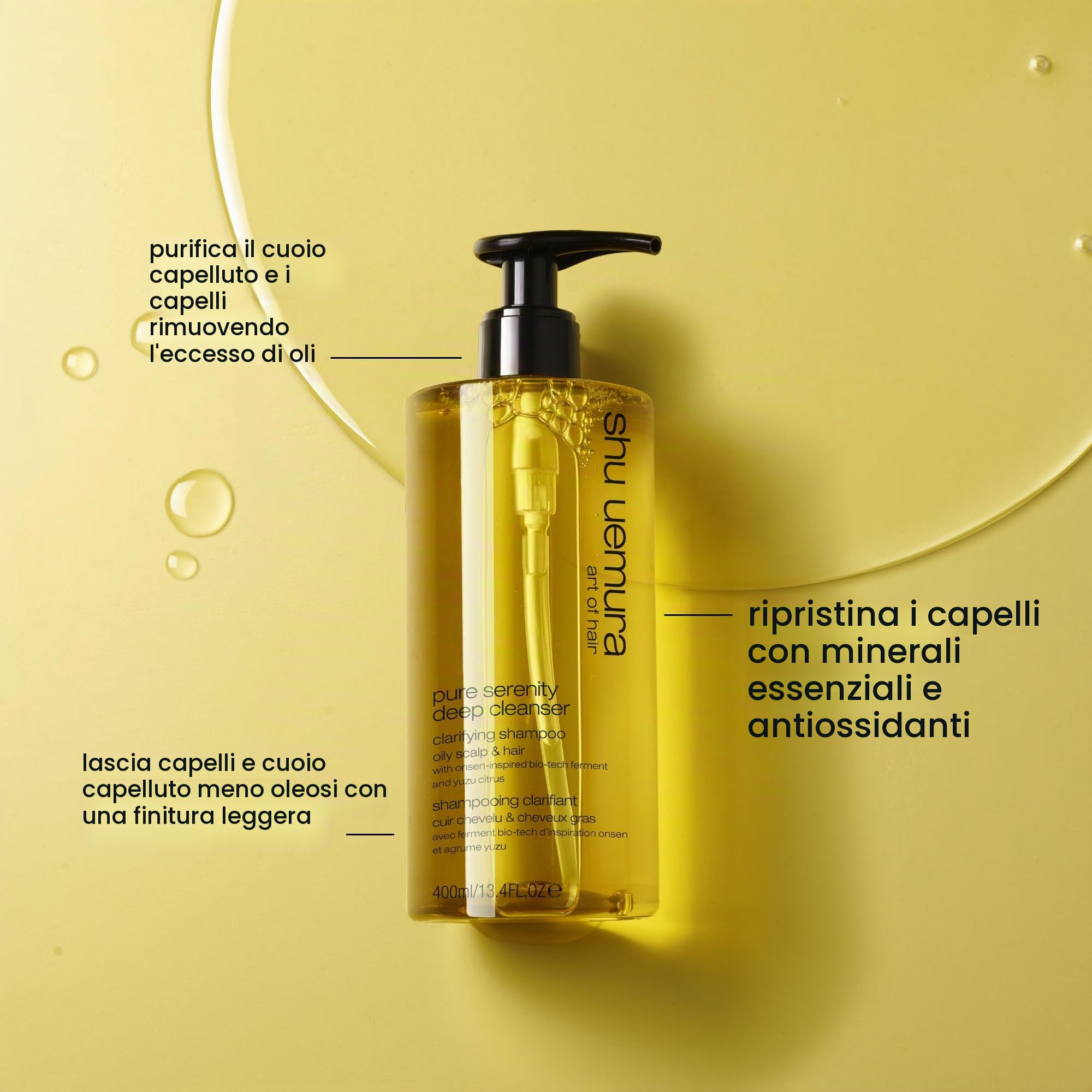 Shu Uemura Art of Hair, Shampoo Anti-Sebo Pure Serenity, Per Capelli Grassi, Azione Normalizzante, Con Fermenti Onsen e Yuzu, Deep Cleanser, 400 ml