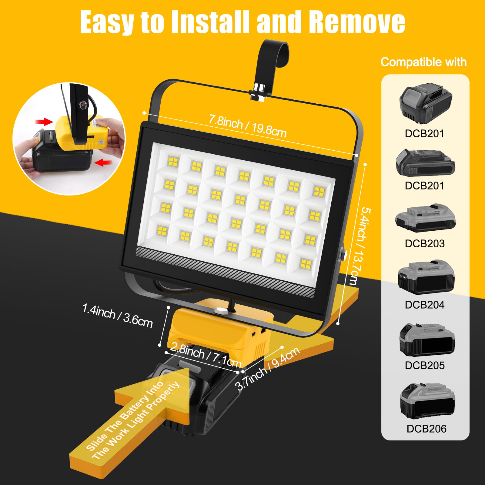 Projecteur LED Rechargeable pour Dewalt 18V/20V Batterie,100W 6500LM Projecteur LED Chantier Portable, Lampe LED avec Charge Type C & USB pour Camping, Chantier, Garage, Atelier(Sans Batterie)