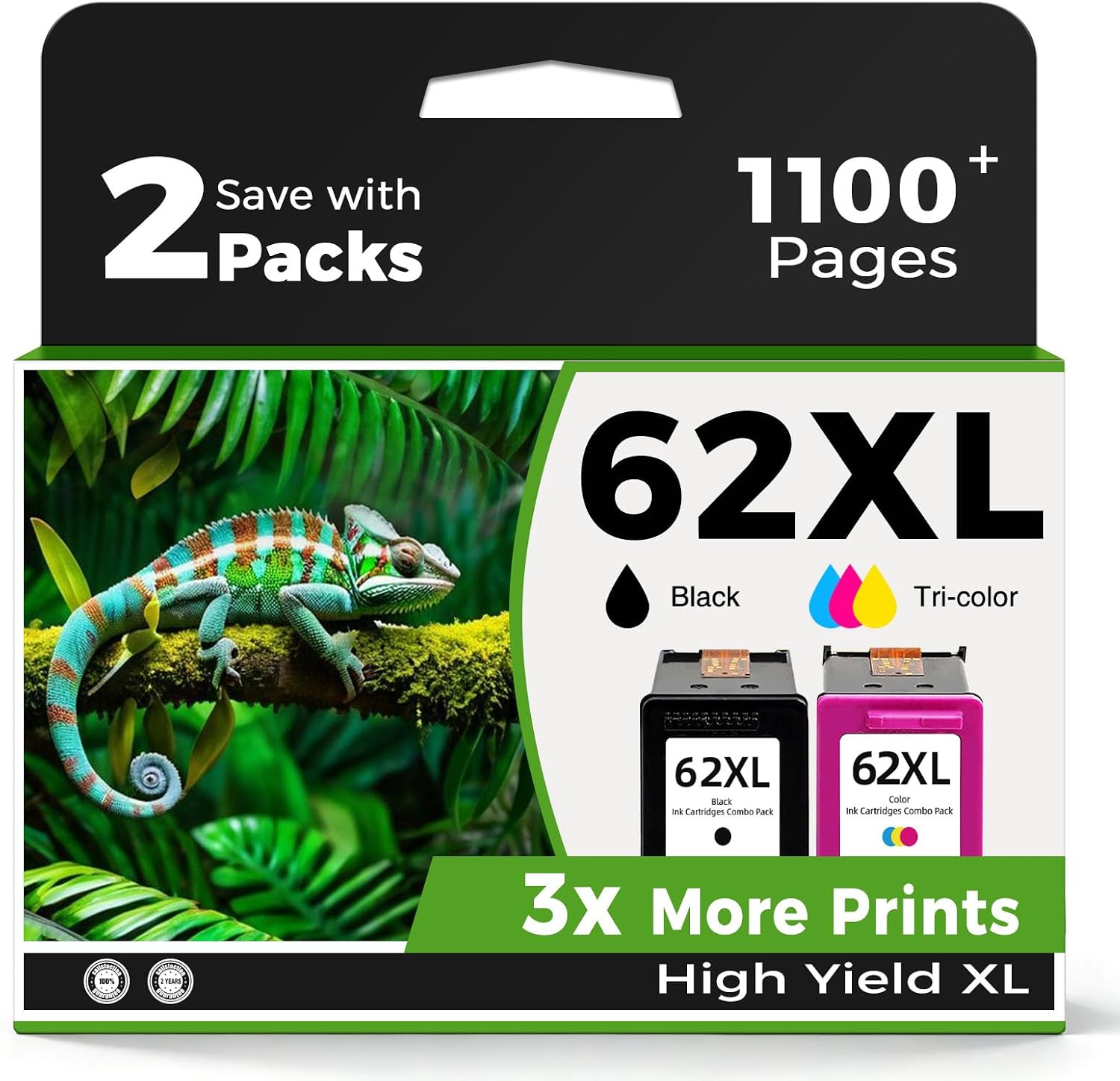 62XL Ink Cartridges Black Color Combo Pack Replacement for HP Ink 62 XL