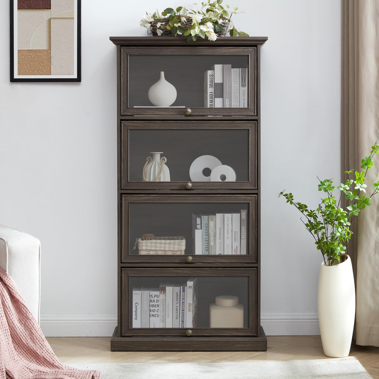4-Tier Glass Display Cabinet Brown MDF+Glass Flip-Up Doors Living Room Storage Elegant Showcase