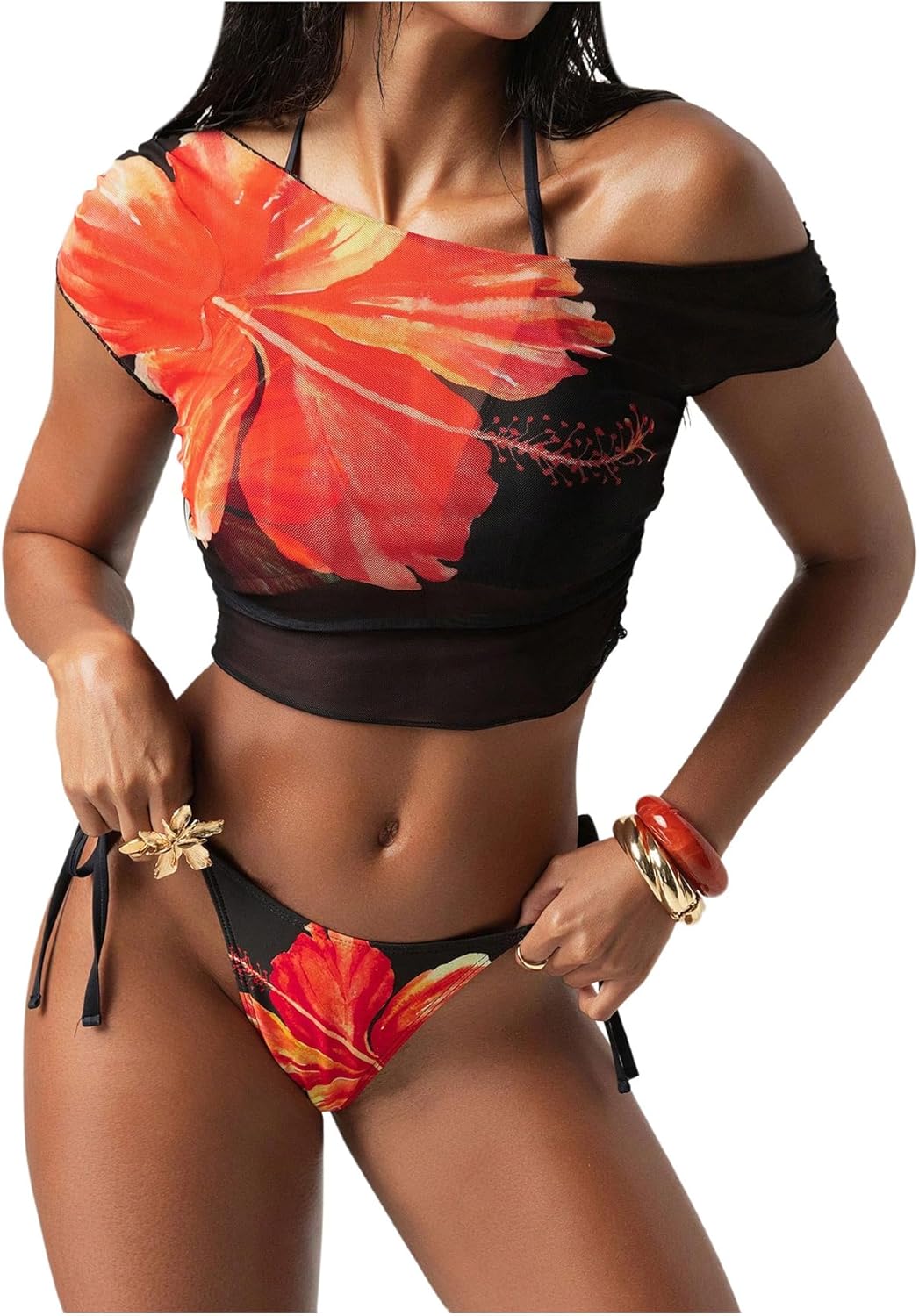 BEAUDRM Women's 3 Piece Bikini Set Floral Tie Back Halter Swimsuit with Cover Up Top Beachwear