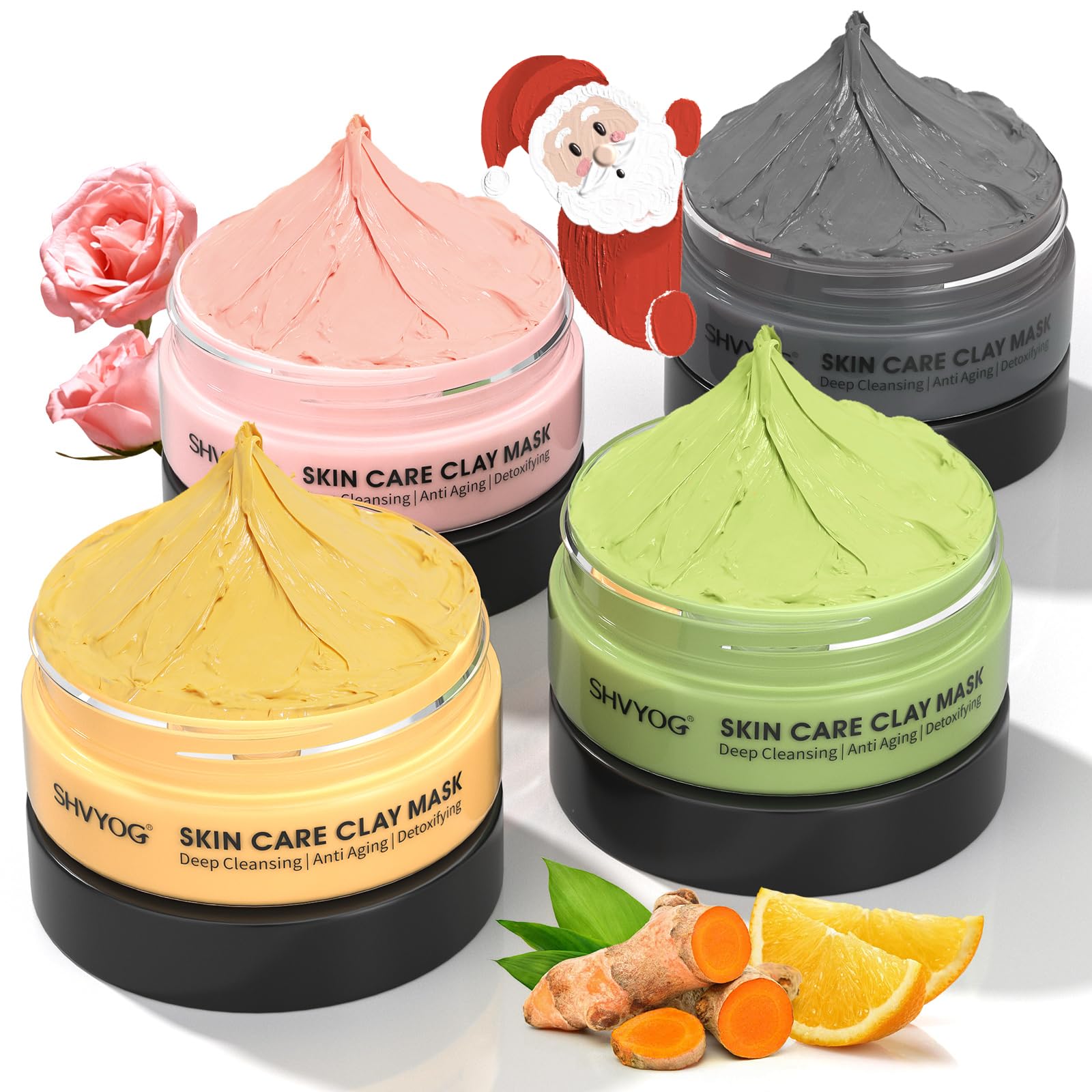 Clay Face Mask Kit, Vitamin C Clay Mask with Turmeric, Dead Sea Mud, Green Tea, Rose, Skin Care Facial Mask for Deep Cleansing, Controlling Oil and Refining Pores & Mask Brush(240g in Total)