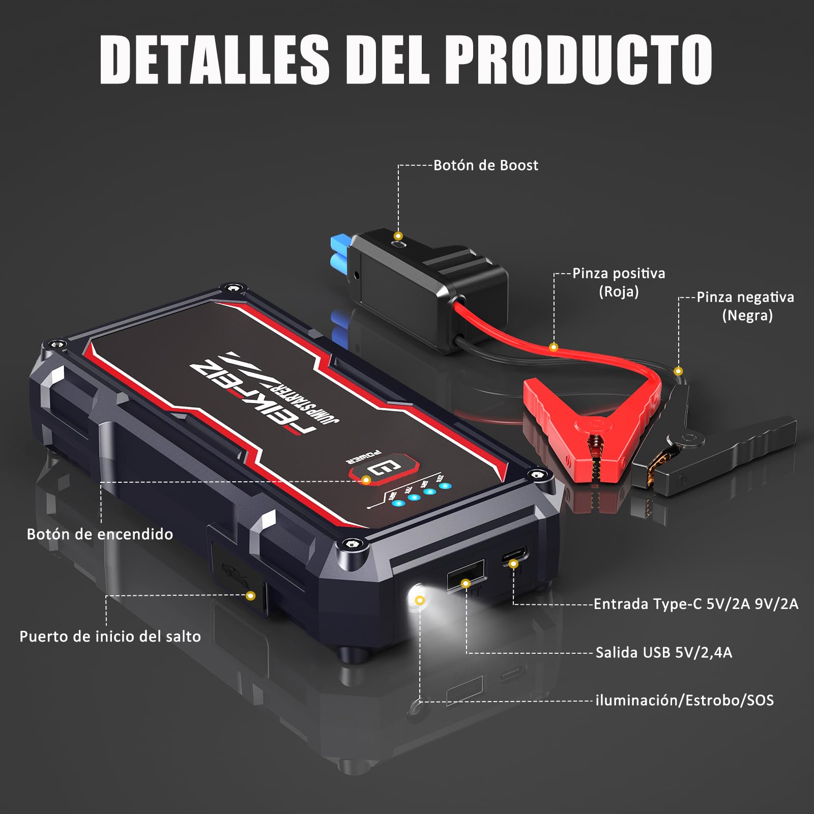 FEIKFEIZ Arrancador de Coches, 6000A 26800mAh Arrancador Batería Coche (para Todo Vehículo de Gasolina o 8,0L de Diesel), Booster Bateria, con Puerto de Salida USB, Luz LED.
