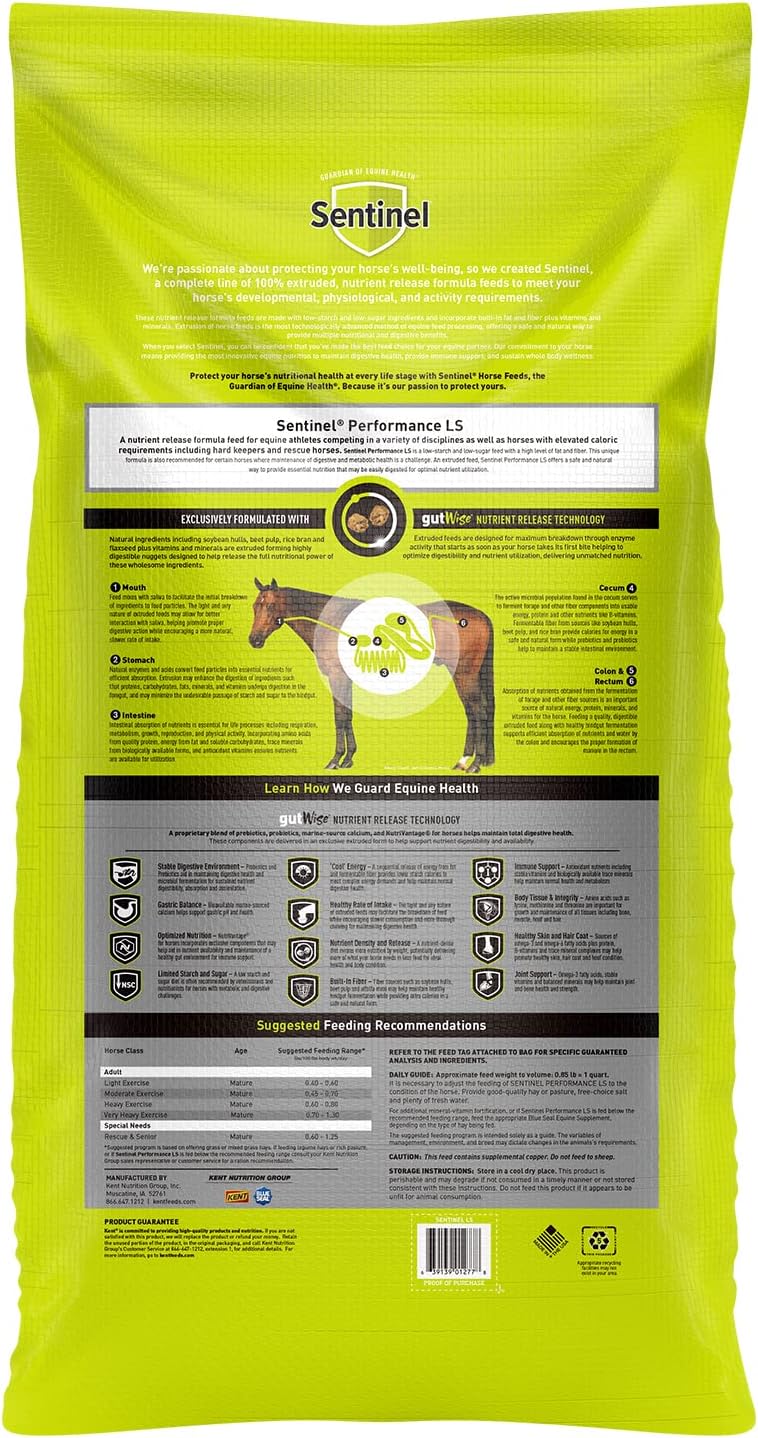 Blue Seal Sentinel Performance LS, Horse Feed for Equine Athletes and Horses with Elevated Caloric Needs, 50 lb Bag