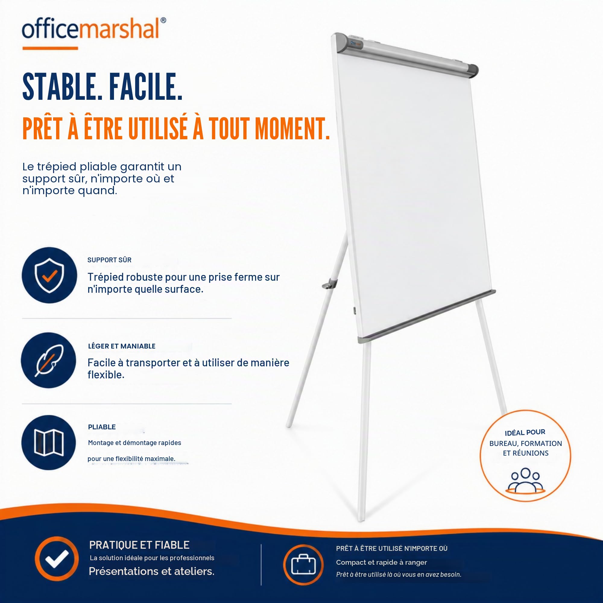 Tableau de présentation - Coyote - Tableau Blanc avec trépied magnétique et réglable en continu - avec Plateau de Rangement pour stylos