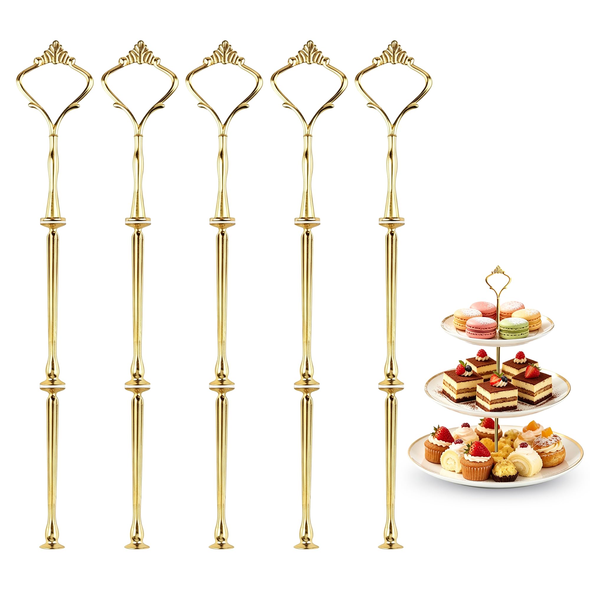 Happy Will 3 Tier Tiered Tray Hardware Kits Fruit Cake Plate Handle Fitting Hardware Rod Dessert Stand Holder Golden Crown 5 Set（Plate not Included）