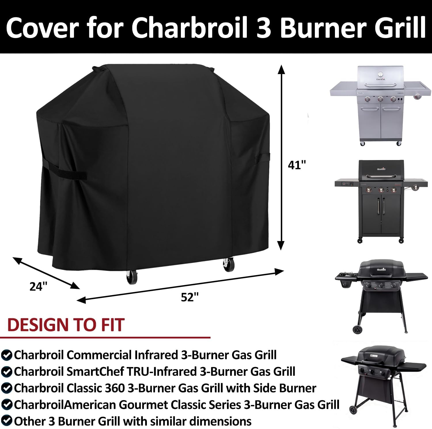 Grill Cover for Charbroil 3 Burner Gas Grill, 52 inch for Charbroil 2-3 Burner Grills - 600D Premium Outdoor Cover, Waterproof & Heavy Duty BBQ Outdoor Protector, 52" x 24" x 41"