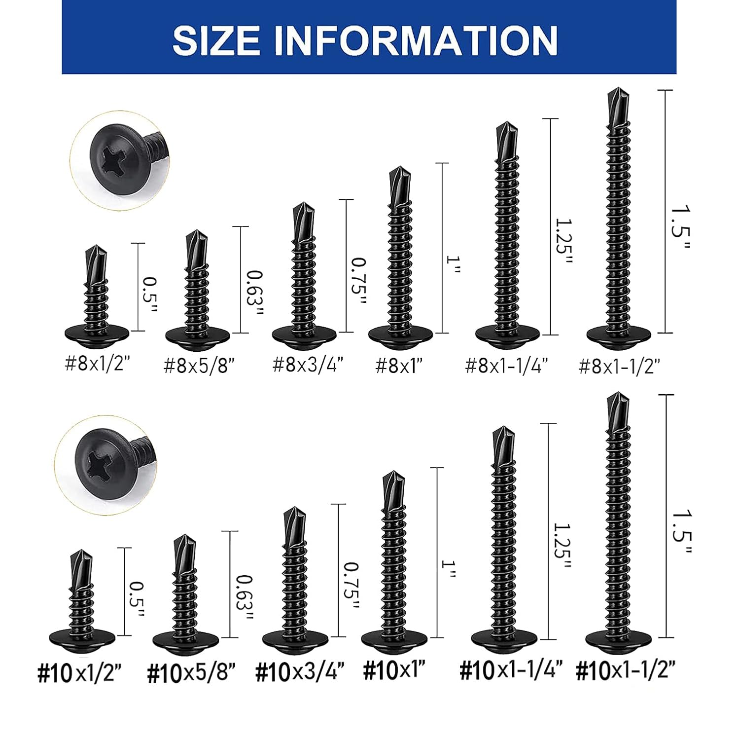 500PCS Self-Drilling Screws for Metal Sheet, 410 Stainless Steel Assortment Kit, Phillips Truss Head Black Oxide,High-Strength & Corrosion-Resistant,Size #8 & #10 (1/2" to 1-1/2")