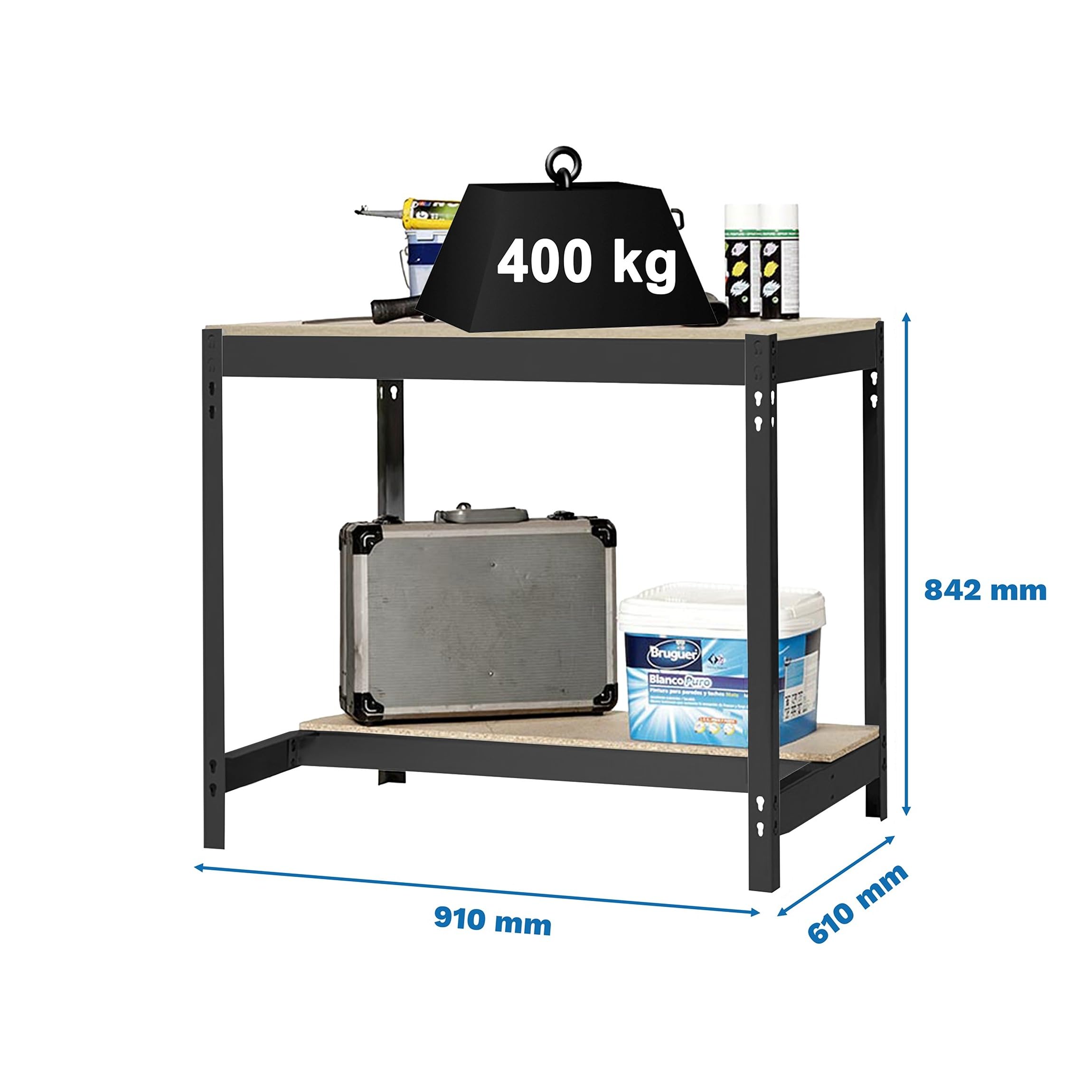 Simon Rack Stół warsztatowy, nośność 400 kg, 842x910x610 mm, blat z płyty wiórowej 16 mm, stół roboczy do garażu i warsztatu, Antrakit/Drewno – Simonwork