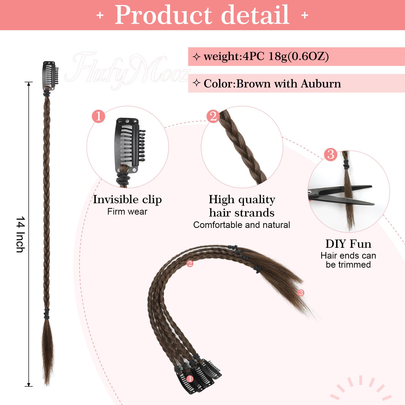 FLUFYMOOZ 4PC Braid in Hair Extension 14 Inch Clip in Braid Extensions for Women Synthetic Hairpieces for Daily Use Party Styling (Ginger Brown) - Image 2