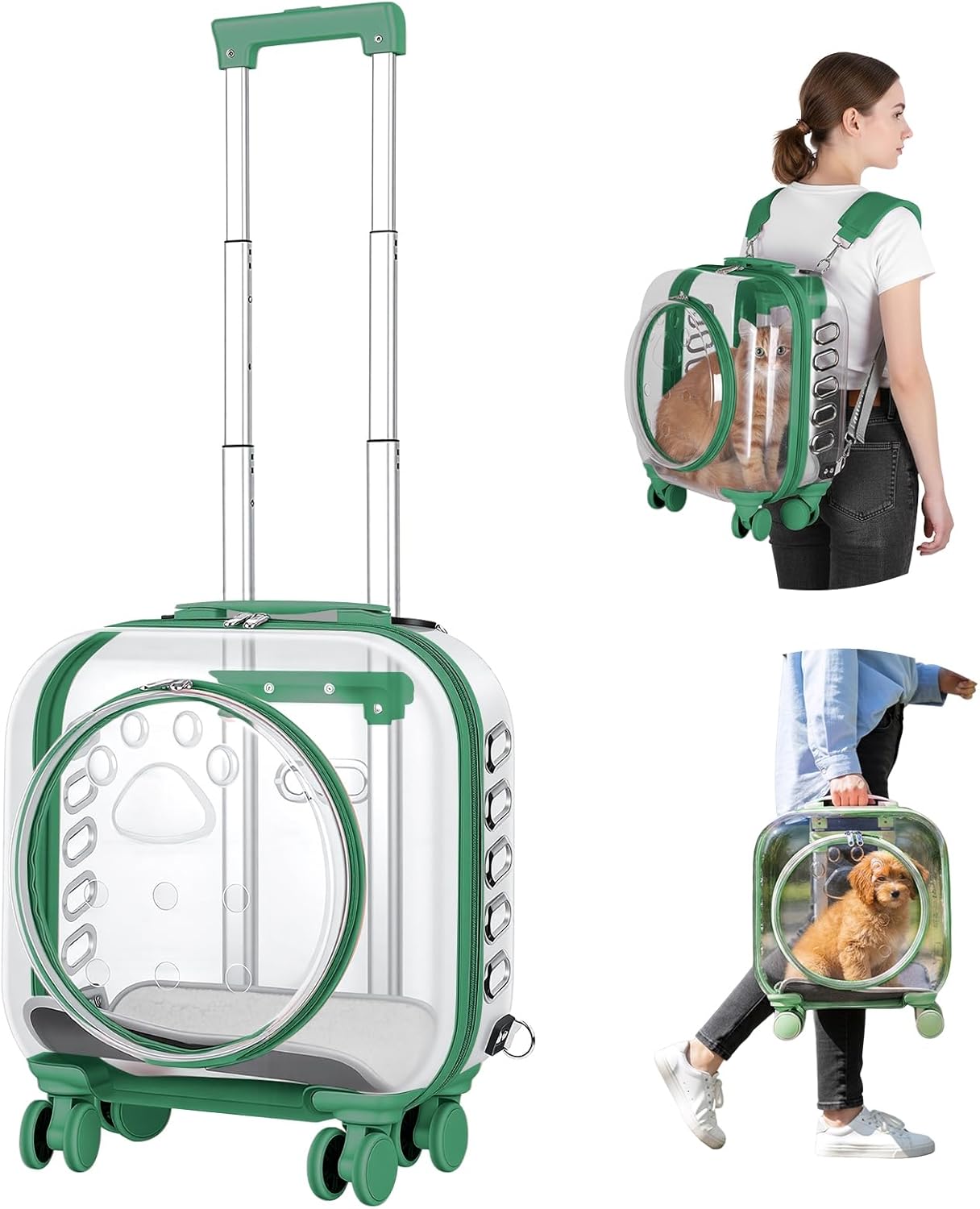 Pet Carrier with Wheels for Cats and Dogs, Clear Hard-Shell Rolling Pet Carrier with Retractable Handle, Airline-Approved Travel Carrier, Portable Cat and Dog Stroller (Green)