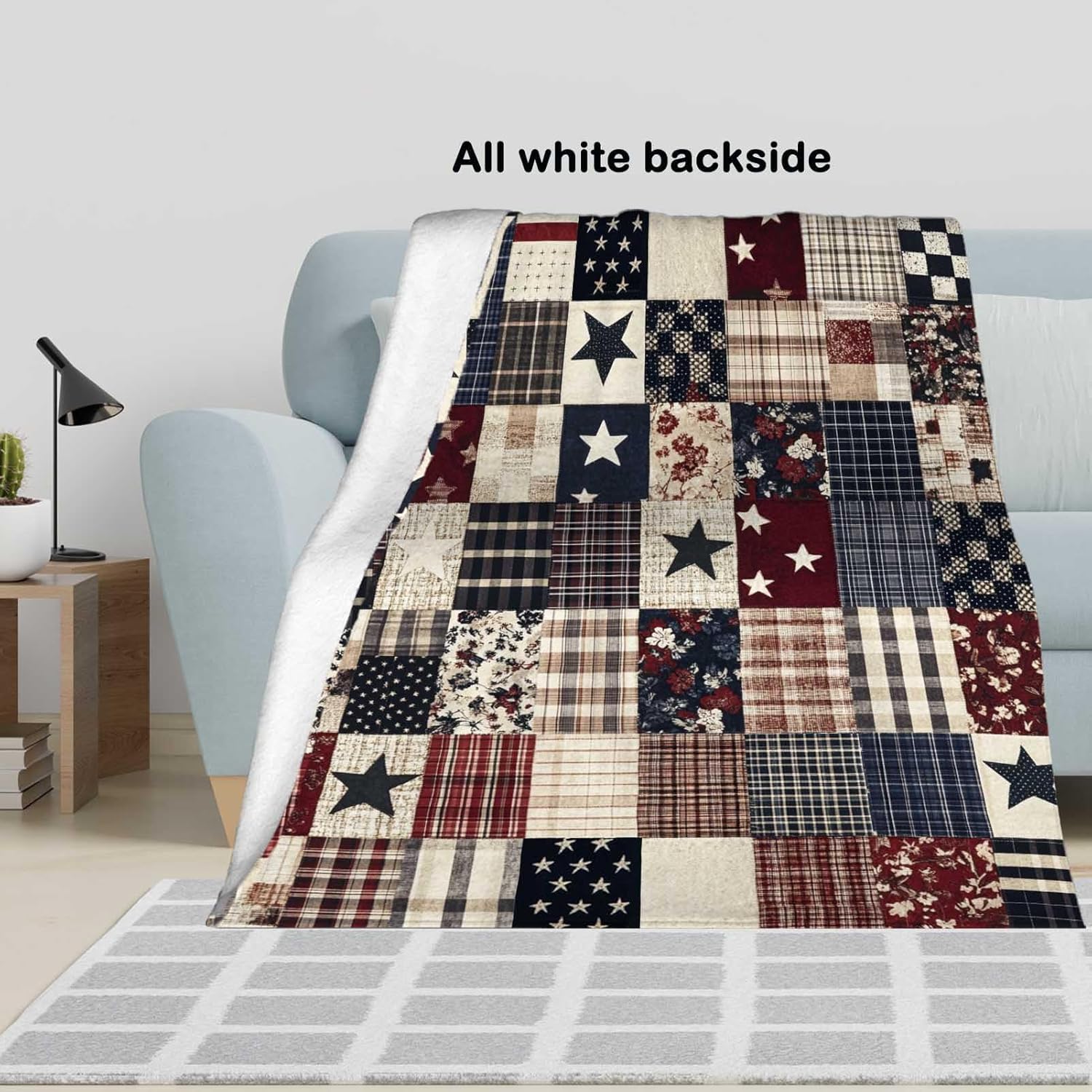 Printed Faux Patchwork Americana Throw Blanket | Faux Quilt Look | Country Farmhouse Fleece Gifts for Women and Men | Rustic Home Decor for Couch and Bed | 50x60 inches