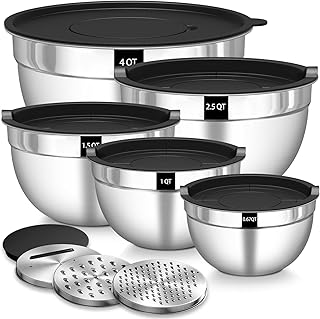 Terlulu Rührschüssel 5er Set, Edelstahl Schüssel Salatschüssel Set mit Luftdichtem Deckel, 3 Reibenaufsätzen, 4.5L,2.7L, 1.6L, 1.1L, 0.7L, Stapelbar & Spülmaschinenfest