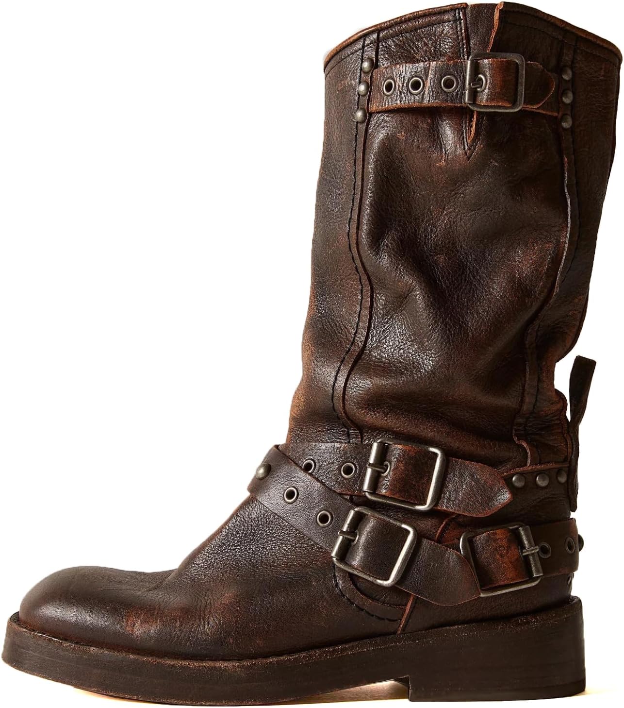 Yishaweiqi Women's Stud Biker Boots Chunky Heel Round Toe Mid Calf Buckle Strap Fall Dress Riding Motorcycle Boots