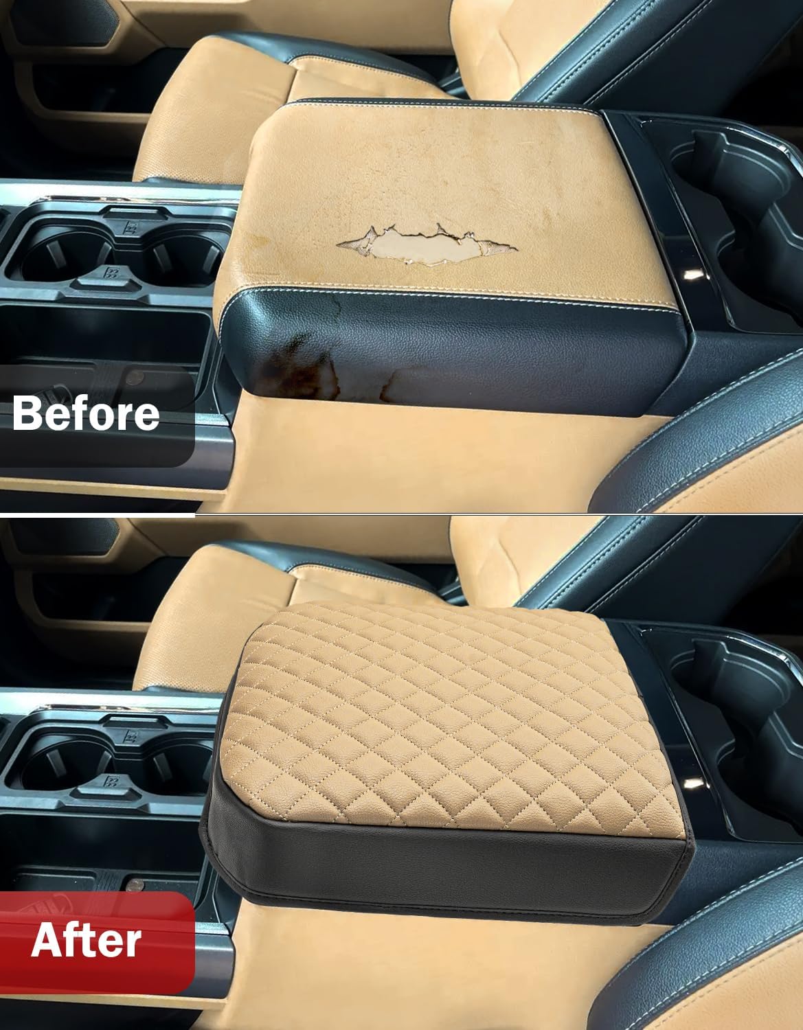 KBH Center Console Armrest Cover for F250-F550 Super Duty 2023-2026, Bucket Seat, Vinyl Leather Interior Trim, Arm Rest Lid Cushion Rrotector, Anti-Scratch, Baja Tan