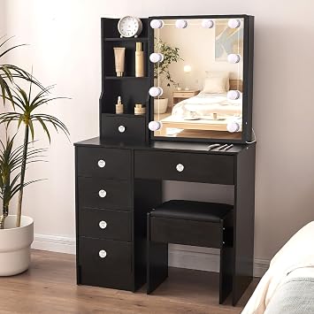 Vanity Desk with Lights, Makeup Table with Mirror and Stool, 5 Storage Drawers & Shelves, Small Chair, Bedroom Furniture Vanity Table for Teen Girls, Black