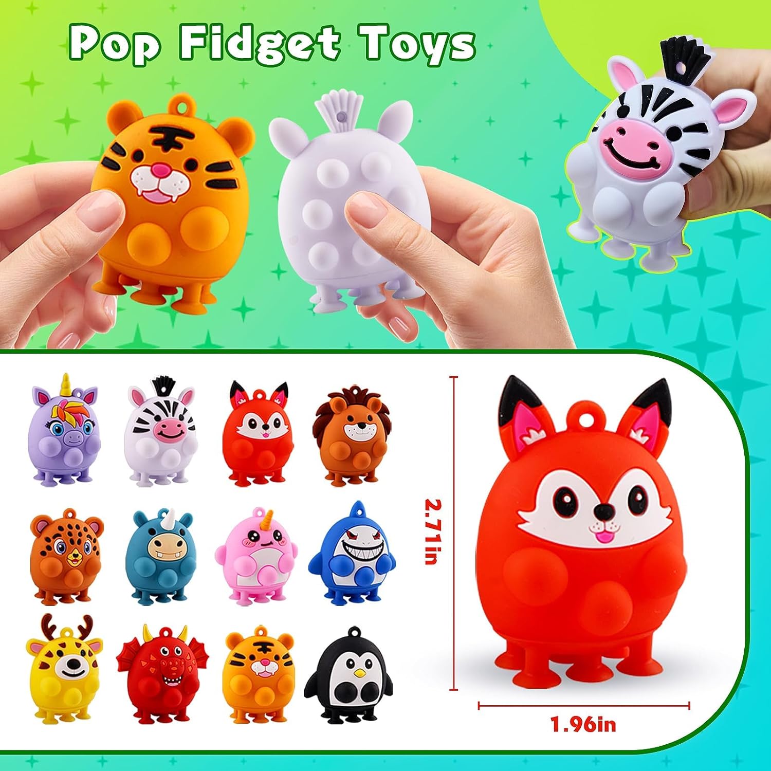 ChildFun 12 PCS Party Favors for Kids, Silicone Animal Pop Fidget Toys with Suction, Birthday Gifts for Boy Girls, Treasure Box Toys, Goodie Bag Stuffers, Prizes for Kids, Pinata Stuffers
