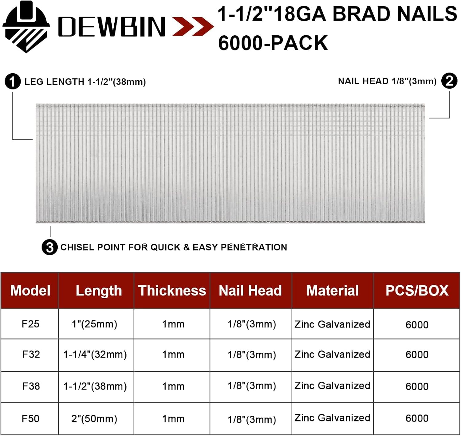 18 Gauge Brad Nails, 12000 Counts 1-1/2-inch 18 GA Brad Nails, Galvanized Nails for Nail Gun, Finishing Nail Gun Nails for Pneumatic, Electric Brad Nailer Gun