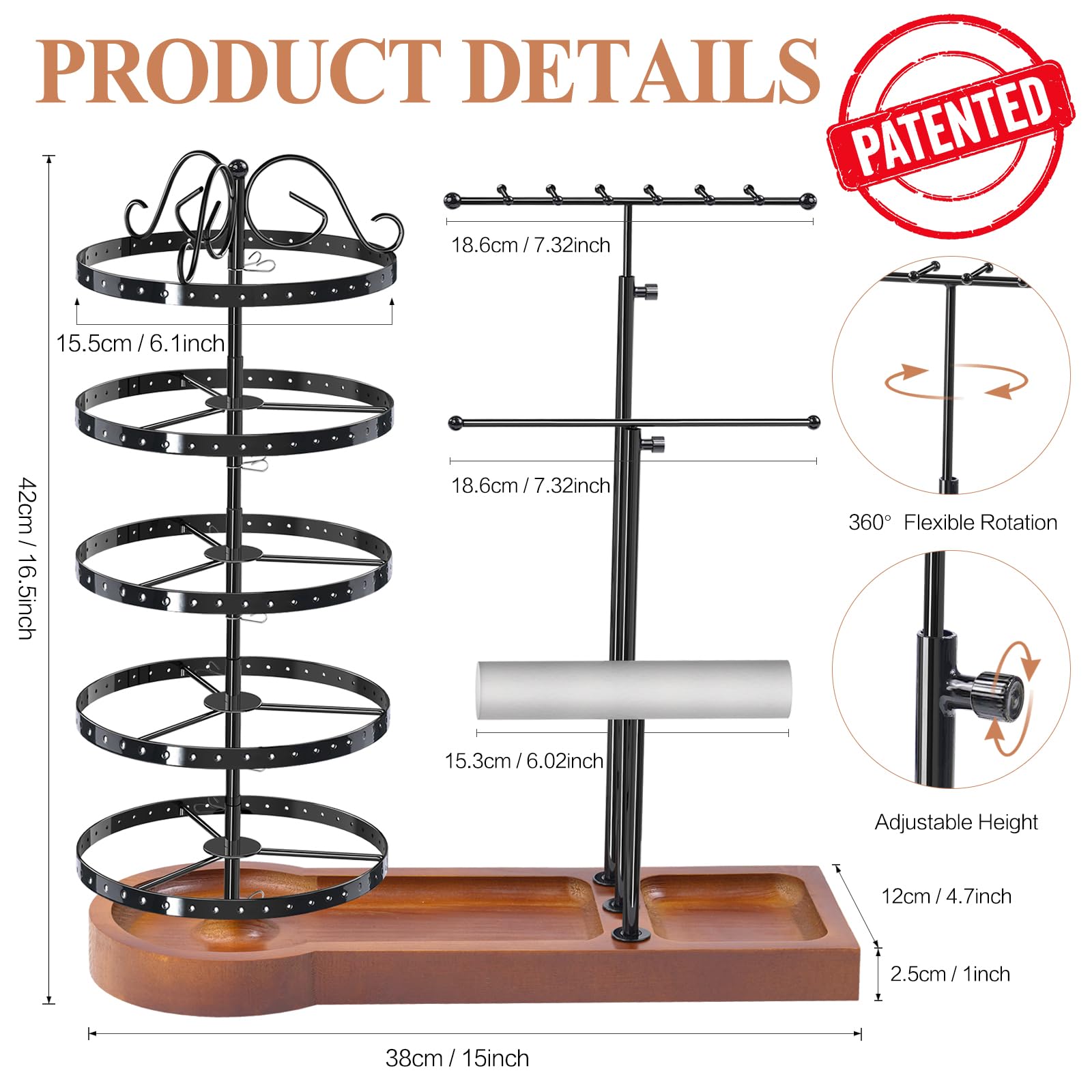 KALYLOC Schmuck-Organizer-Ständer, Schmuckständer mit drehbarem Metallrahmen, multifunktional, für Ohrringe, Halsketten, Armbänder, Ringe, Uhren für Schmuck, Präsentationsständer (schwarz)