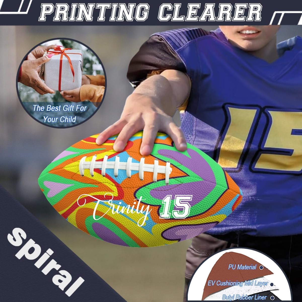 Custom Photo American Football, Personalized PU Leather Rugby Ball Official Size, Customize Name/Text/Logo/Number Recreational Footballs, Indoor Outdoor Training for Players Fans
