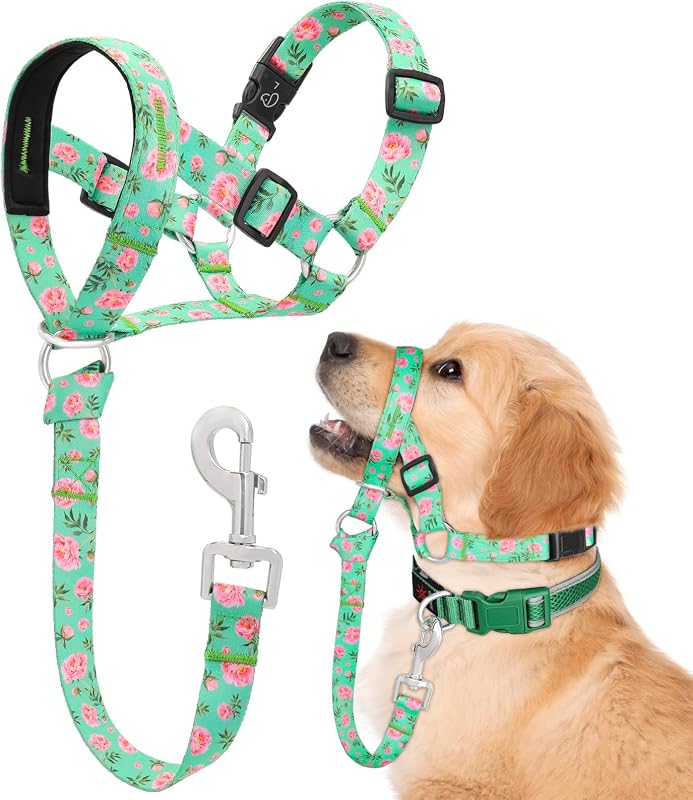 Cabresto para Cães com Guia Gentle Lead Ajustável Ezierfy, Nylon Acolchoado, Peônia, Tamanho Pequeno