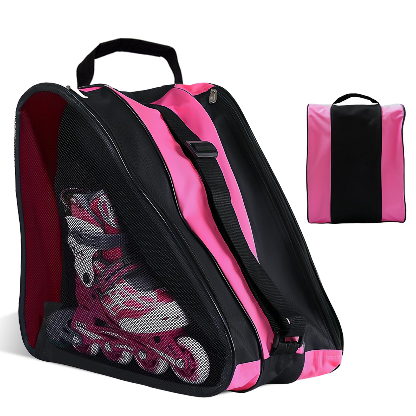 Sac de Patin à Roulettes, Design à Trois Compartiments Sac de Chaussures de Patinage, Sac à Patins avec Maille Respirante, Sac Roller Sac de Patin à Glace Unisexe avec Bandoulière Réglable (Rose)