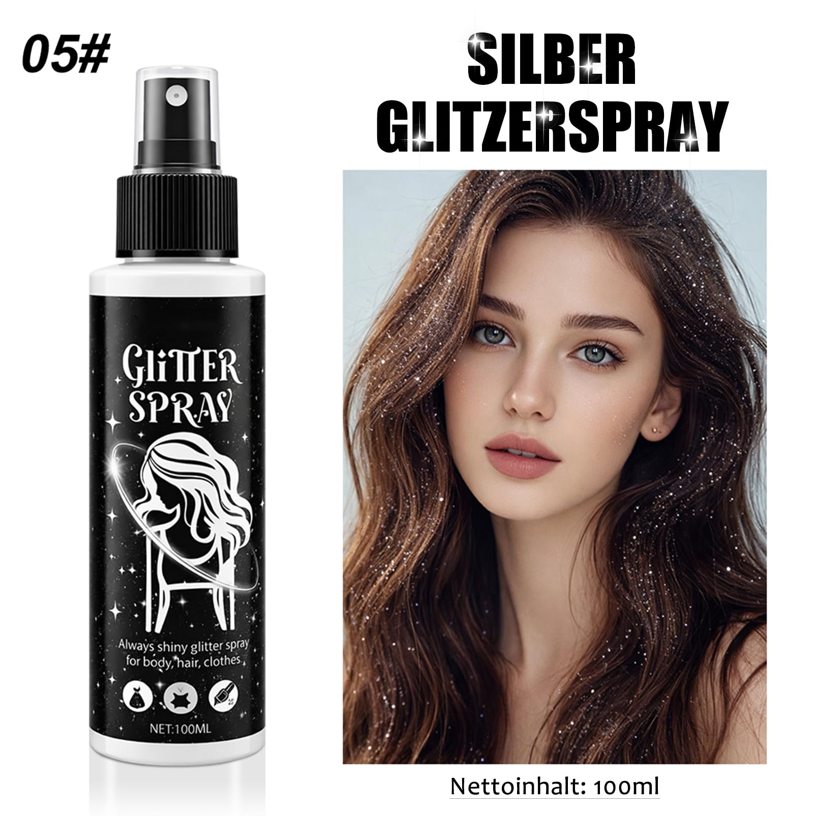 Spray glitter argento, glitter spray per capelli e corpo, glitter per viso e vestiti, body glitter spray con nebbia ultra fine, accessori per festival ad asciugatura rapida per Halloween Carnevale