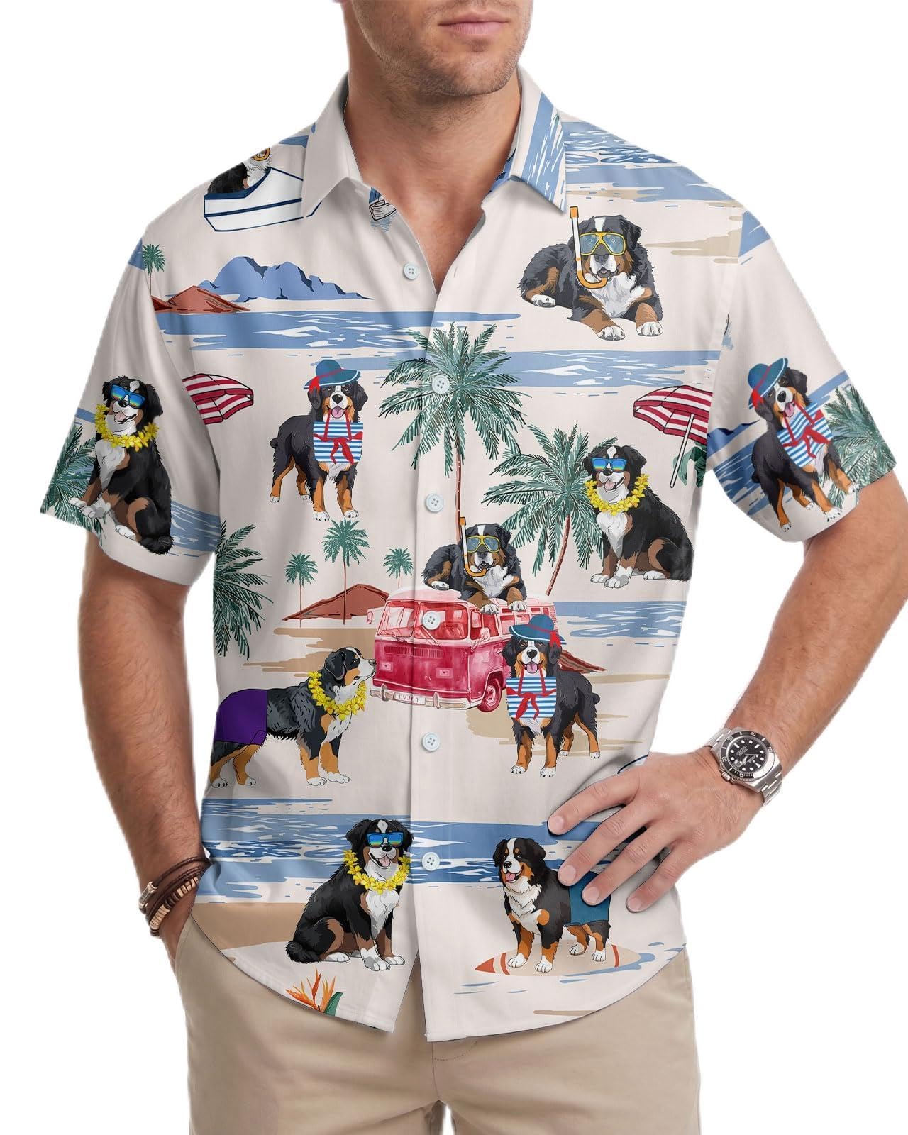 Tropical Paradise Cruise Shirt for Men - Short Sleeve Button Down Hawaiian Shirt - Quick Dry Summer Holiday Apparel, Bernese Mountain, Medium โ image 1