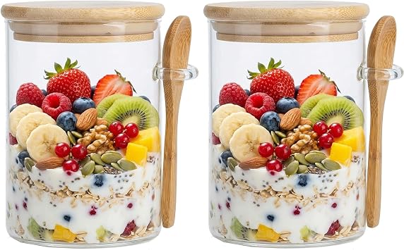 2 Pcs 17Oz,Glass Jar Containers with Bamboo Airtight Lid & Spoon Scoop Glass Food Storage Canister Kitchen Organization Jars for Spice Sugar Coffee Bean and more2