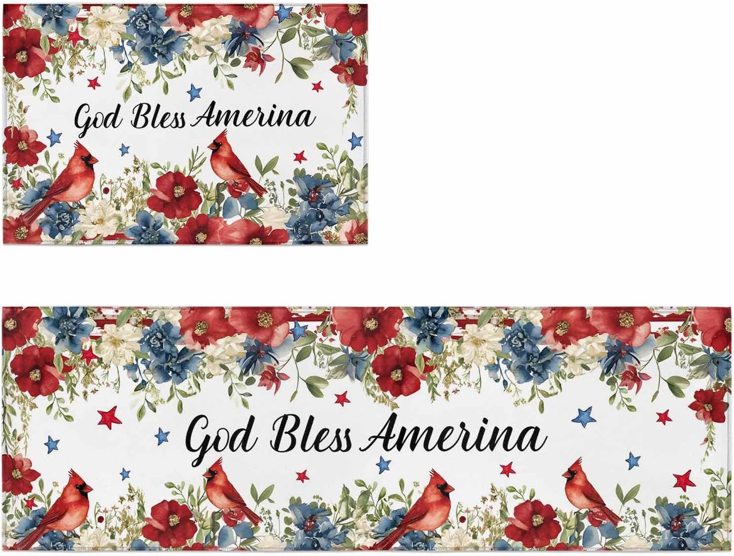 Kitchen Mats for Floor Independence Day Blossom Floral Washable Non Slip Kitchen Rugs 2PCS, July 4th Cardinal Absorbent Standing Mats for Sink Bathroom Office Living Room 15.7x23.6in+15.7x47.2in