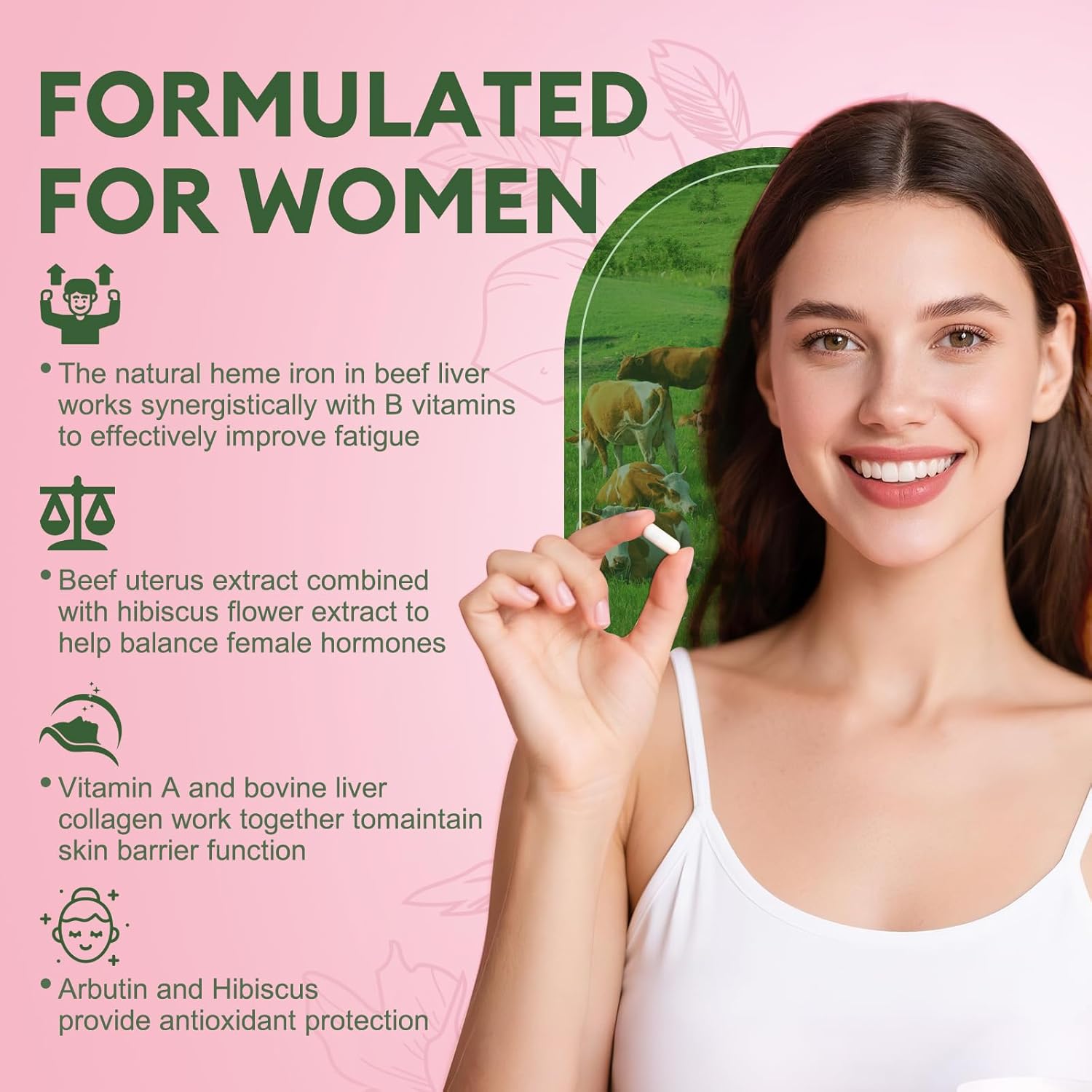 Beef Organ Supplement for Women - Beef Liver, Kidney, Heart,Uterus Tissue - Balance Hormones & Women's Overall Energy - Grass Fed, Pasture Raised - Natural Iron Supplement with Folate - 120 Capsules - Image 5