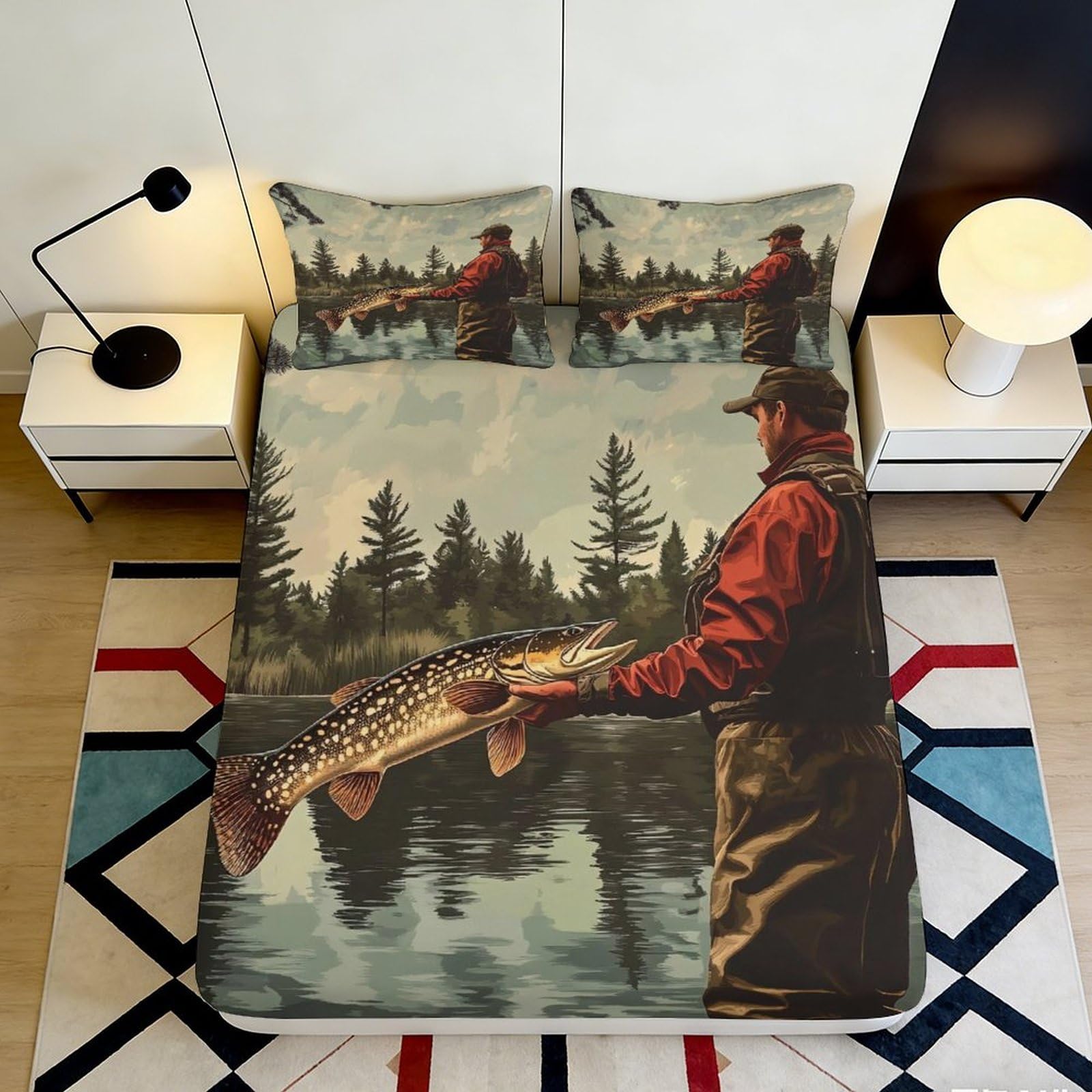 3D Printed fishing Fitted Sheet with scenic lake view, Microfiber soft touch, non-slip, easy care, home bedroom or guest room bedding decor, wrinkle resistant 120x200x25cm
