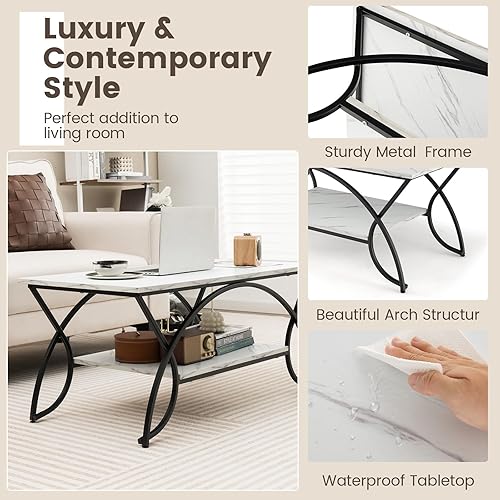 Miniatura 7 de COSTWAY Mesa auxiliar de 2 niveles, moderna mesa decorativa de mármol sintético con almacenamiento y marco de metal acabado dorado, elegante mesa