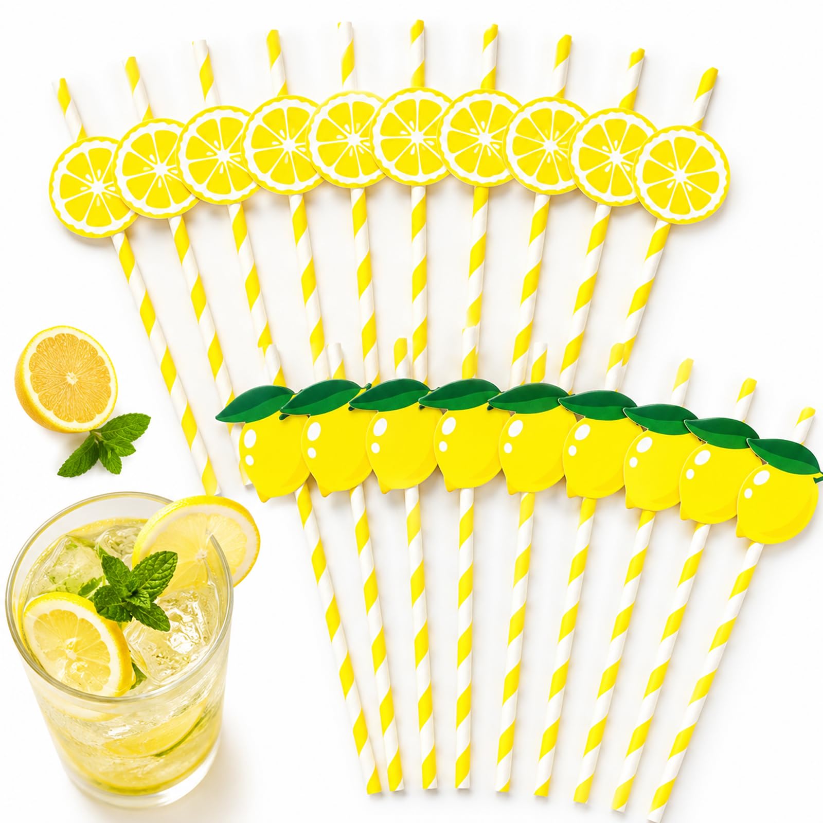Bolosa Lemon Paper Straws, 20 Pack Lemonade Drinking Straw Set with Slice and Whole Lemon Toppers, Yellow Striped Paper Straws, 197 mm, Lemonade Supplies for Birthdays and Summer Parties