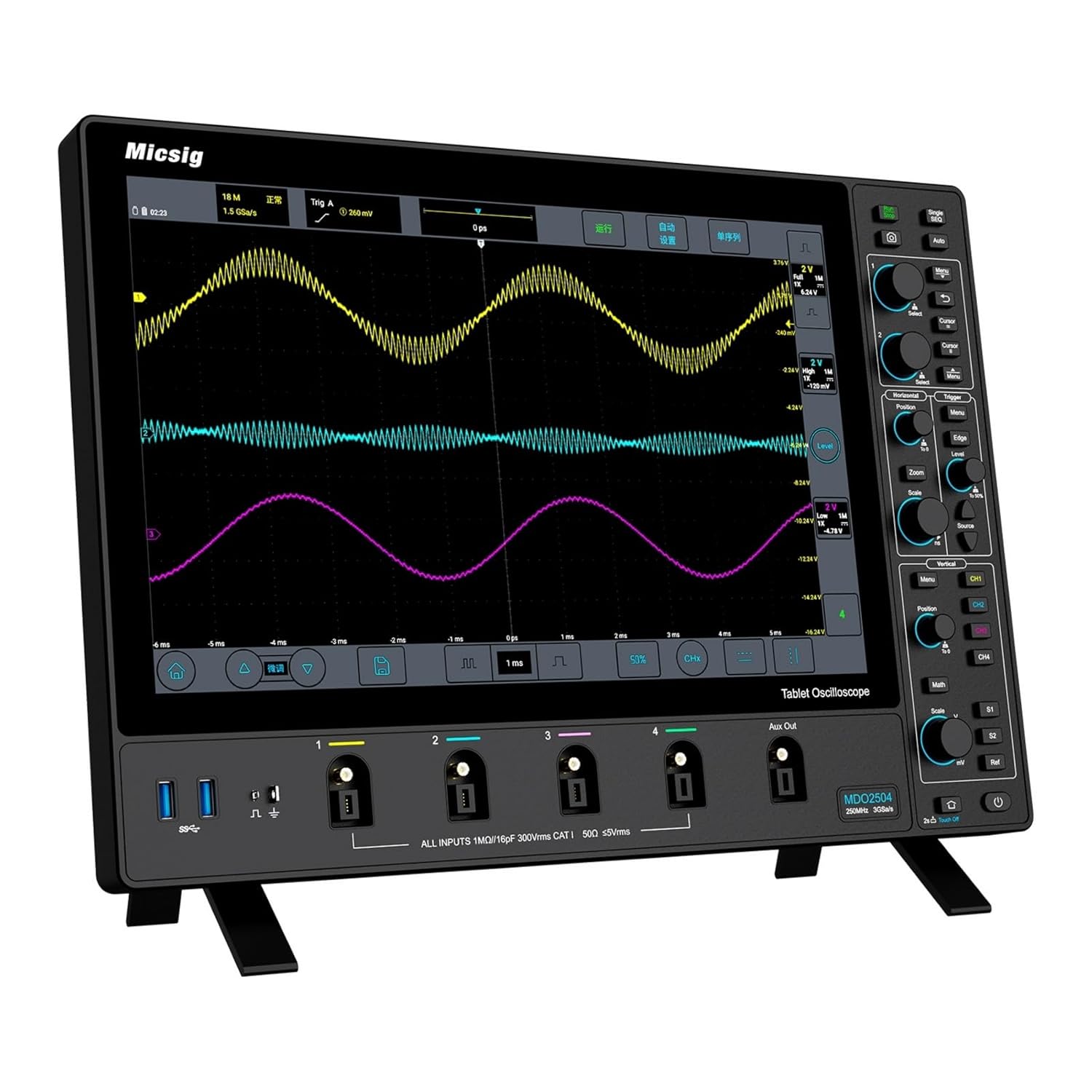 SainSmart Micsig Oscilloscope MDO2504, Digital Storage Oscilloscope with 4 Channels 250Mhz Bandwidth 3GSa/s Sampling Rate, 14-inch Integrated Touch Screen, Bench-top Oscilloscope